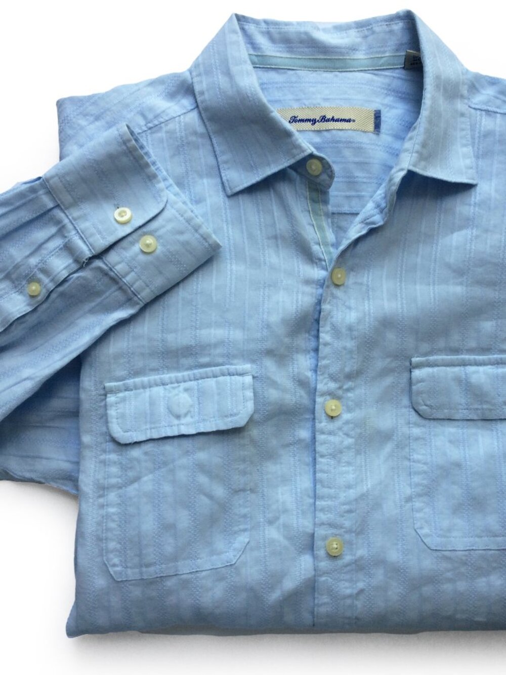 Tommy Bahama Textured Linen Cotton Blend Convertible Sleeves LS Button Shirt M